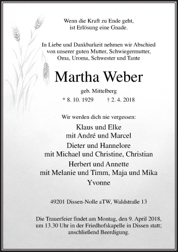 Traueranzeige von Martha Weber von Neue Osnabrücker Zeitung GmbH & Co. KG