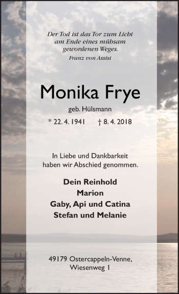 Traueranzeige von Monika Frye von Neue Osnabrücker Zeitung GmbH & Co. KG