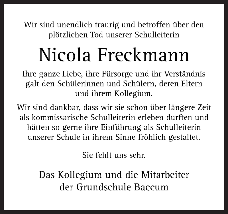  Traueranzeige für Nicola Freckmann vom 23.04.2018 aus Neue Osnabrücker Zeitung GmbH & Co. KG
