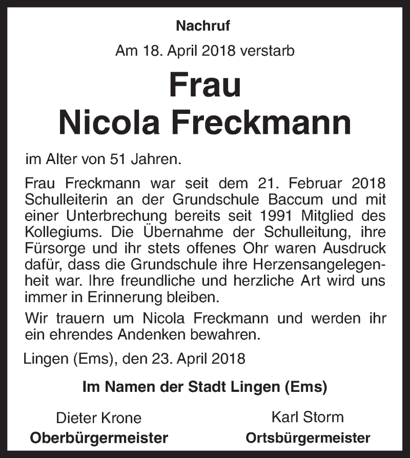  Traueranzeige für Nicola Freckmann vom 24.04.2018 aus Neue Osnabrücker Zeitung GmbH & Co. KG