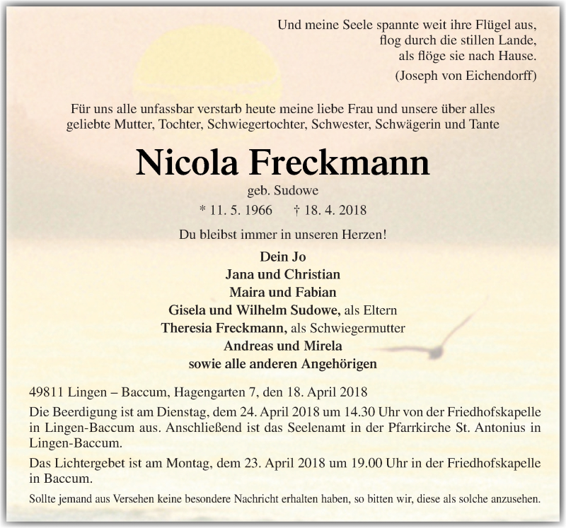  Traueranzeige für Nicola Freckmann vom 20.04.2018 aus Neue Osnabrücker Zeitung GmbH & Co. KG