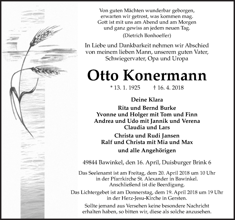  Traueranzeige für Otto Konermann vom 18.04.2018 aus Neue Osnabrücker Zeitung GmbH & Co. KG