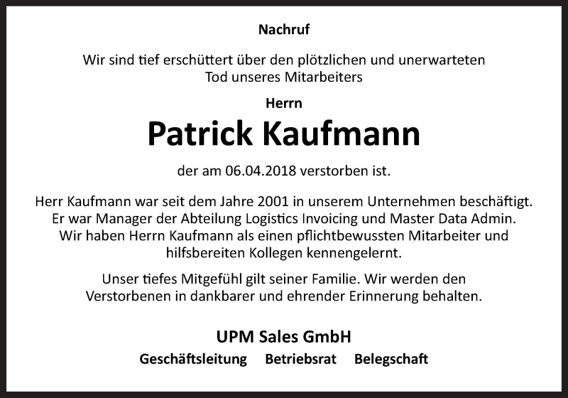  Traueranzeige für Patrick Kaufmann vom 12.04.2018 aus Neue Osnabrücker Zeitung GmbH & Co. KG