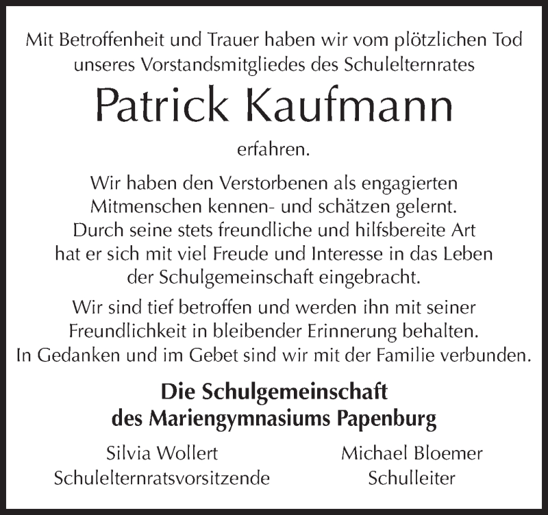  Traueranzeige für Patrick Kaufmann vom 13.04.2018 aus Neue Osnabrücker Zeitung GmbH & Co. KG