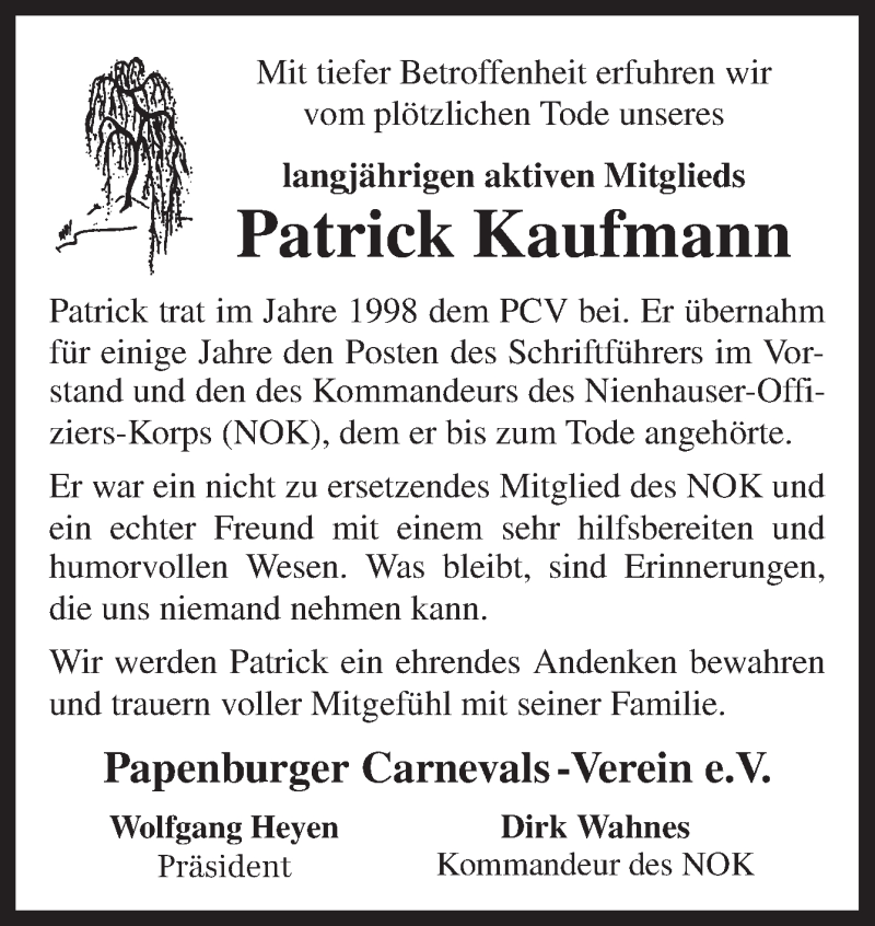  Traueranzeige für Patrick Kaufmann vom 13.04.2018 aus Neue Osnabrücker Zeitung GmbH & Co. KG