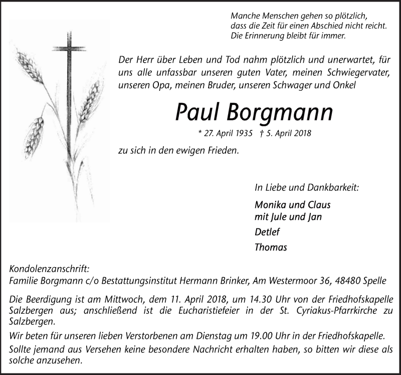  Traueranzeige für Paul Borgmann vom 09.04.2018 aus Neue Osnabrücker Zeitung GmbH & Co. KG