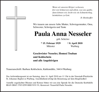 Traueranzeige von Paula Anna Nesseler von Neue Osnabrücker Zeitung GmbH & Co. KG