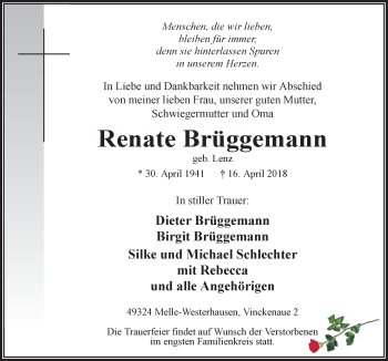 Traueranzeige von Renate Brüggemann von Neue Osnabrücker Zeitung GmbH & Co. KG