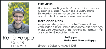 Traueranzeige von Rene Foppe von Neue Osnabrücker Zeitung GmbH & Co. KG