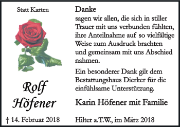 Traueranzeige von Rolf Höfener von Neue Osnabrücker Zeitung GmbH & Co. KG