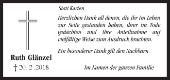 Traueranzeige von Ruth Glänzel von Neue Osnabrücker Zeitung GmbH & Co. KG