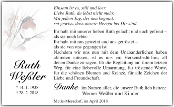 Traueranzeige von Ruth Weßler von Neue Osnabrücker Zeitung GmbH & Co. KG