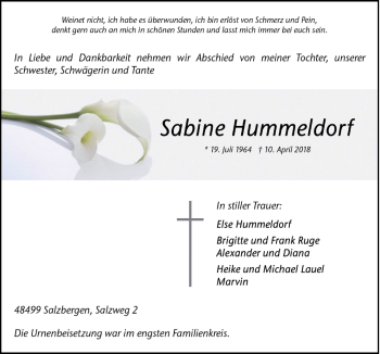Traueranzeige von Sabine Hummeldorf von Neue Osnabrücker Zeitung GmbH & Co. KG