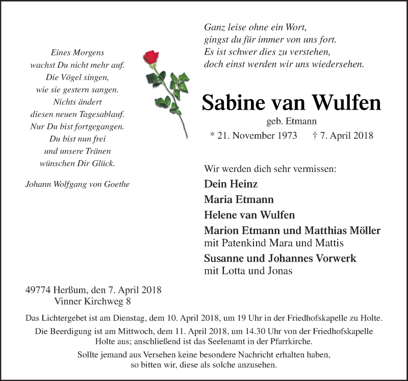  Traueranzeige für Sabine van Wulfen vom 09.04.2018 aus Neue Osnabrücker Zeitung GmbH & Co. KG