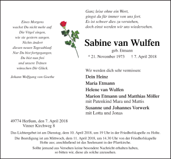 Traueranzeige von Sabine van Wulfen von Neue Osnabrücker Zeitung GmbH & Co. KG