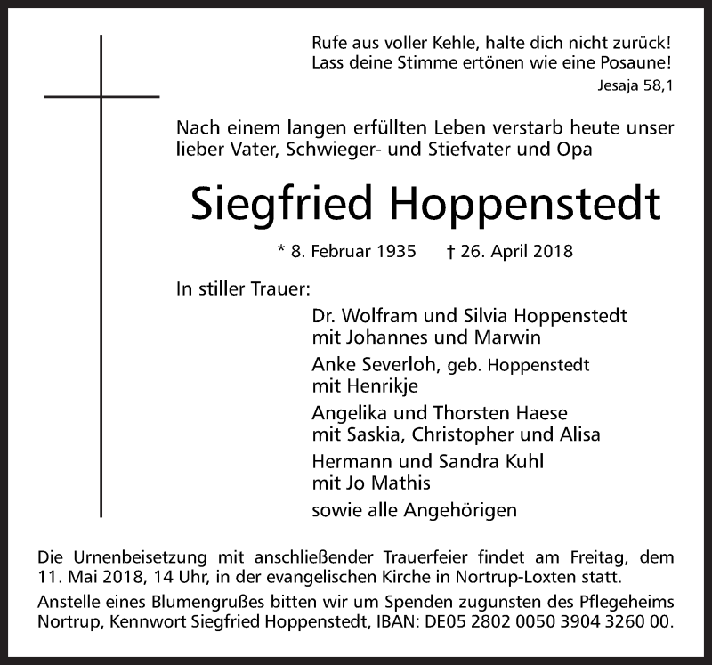  Traueranzeige für Siegfried Hoppenstedt vom 28.04.2018 aus Neue Osnabrücker Zeitung GmbH & Co. KG