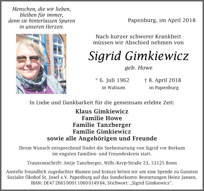  Traueranzeige für Sigrid Gimkiewicz vom 27.04.2018 aus Neue Osnabrücker Zeitung GmbH & Co. KG