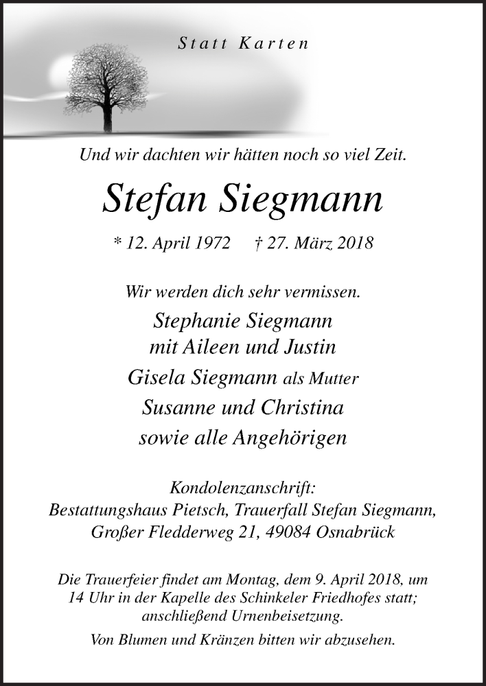  Traueranzeige für Stefan Siegmann vom 05.04.2018 aus Neue Osnabrücker Zeitung GmbH & Co. KG