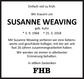 Traueranzeige von Susanne Weaving von Neue Osnabrücker Zeitung GmbH & Co. KG
