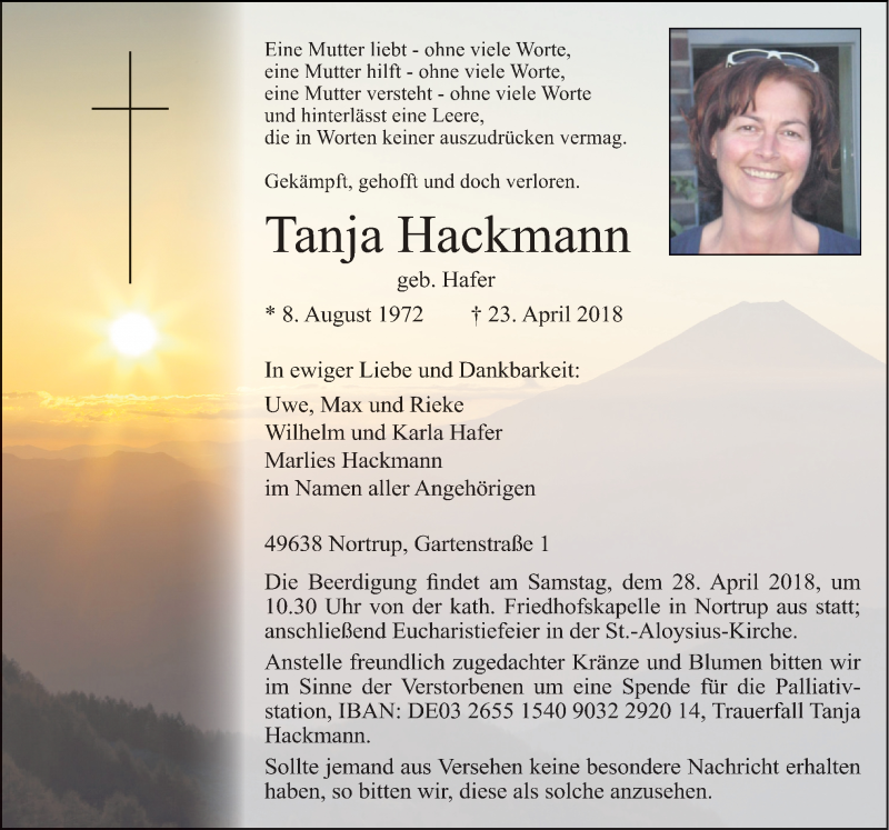  Traueranzeige für Tanja Hackmann vom 26.04.2018 aus Neue Osnabrücker Zeitung GmbH & Co. KG
