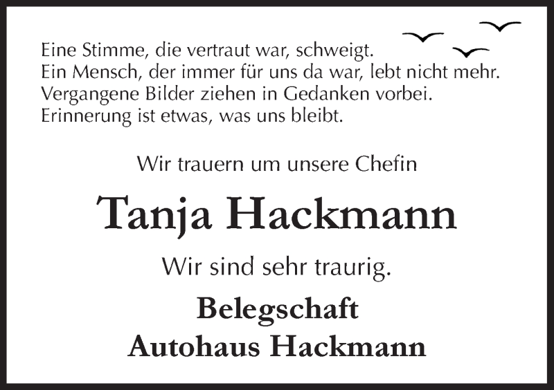  Traueranzeige für Tanja Hackmann vom 27.04.2018 aus Neue Osnabrücker Zeitung GmbH & Co. KG