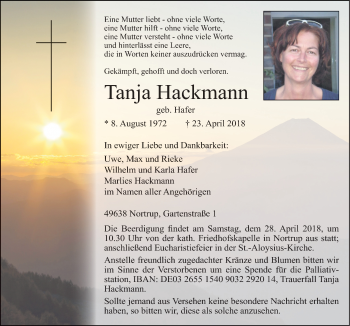 Traueranzeige von Tanja Hackmann von Neue Osnabrücker Zeitung GmbH & Co. KG
