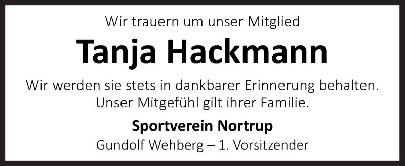  Traueranzeige für Tanja Hackmann vom 27.04.2018 aus Neue Osnabrücker Zeitung GmbH & Co. KG
