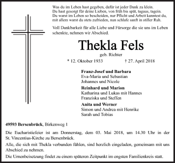 Traueranzeige von Thekla Fels von Neue Osnabrücker Zeitung GmbH & Co. KG