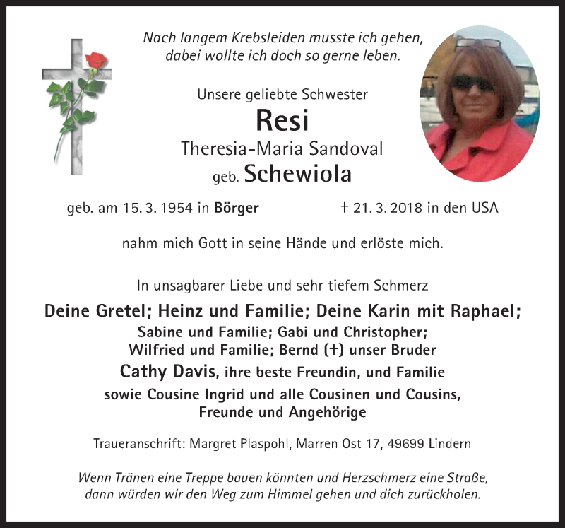  Traueranzeige für Theresia-Maria Sandoval vom 31.03.2018 aus Neue Osnabrücker Zeitung GmbH & Co. KG