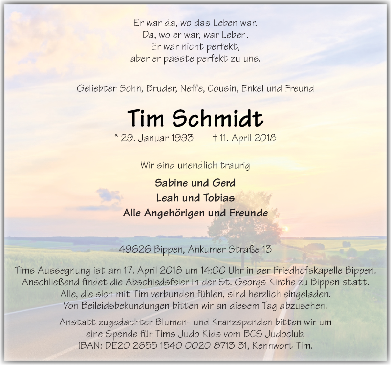  Traueranzeige für Tim Schmidt vom 14.04.2018 aus Neue Osnabrücker Zeitung GmbH & Co. KG