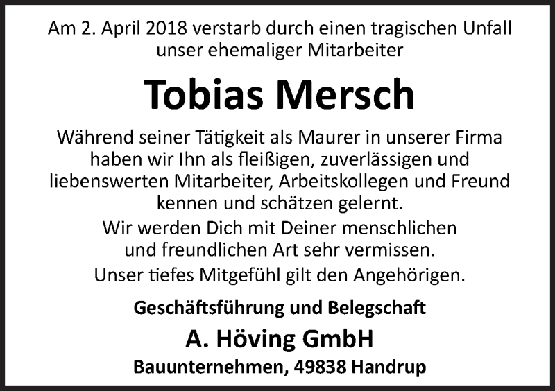  Traueranzeige für Tobias Mersch vom 12.04.2018 aus Neue Osnabrücker Zeitung GmbH & Co. KG