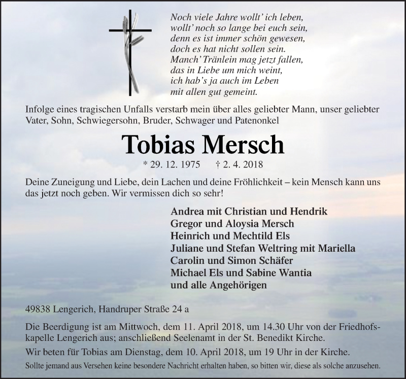  Traueranzeige für Tobias Mersch vom 07.04.2018 aus Neue Osnabrücker Zeitung GmbH & Co. KG