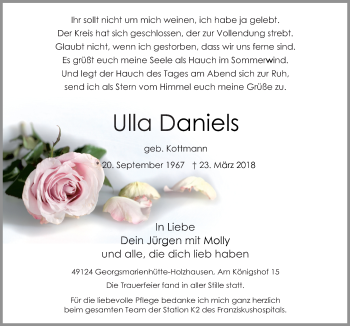 Traueranzeige von Ulla Daniels von Neue Osnabrücker Zeitung GmbH & Co. KG
