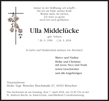 Traueranzeige von Ulla Middelücke von Neue Osnabrücker Zeitung GmbH & Co. KG