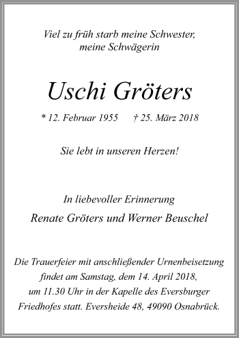 Traueranzeige von Uschi Gröters von Neue Osnabrücker Zeitung GmbH & Co. KG