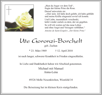 Traueranzeige von Ute Gorinzi-Borchelt von Neue Osnabrücker Zeitung GmbH & Co. KG