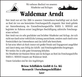 Traueranzeige von Waldemar Arndt von Neue Osnabrücker Zeitung GmbH & Co. KG