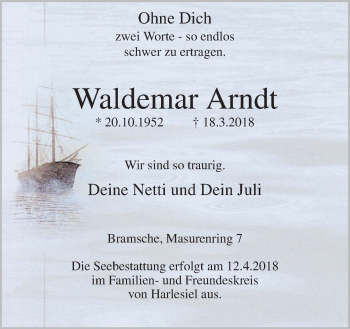 Traueranzeige von Waldemar Arndt von Neue Osnabrücker Zeitung GmbH & Co. KG