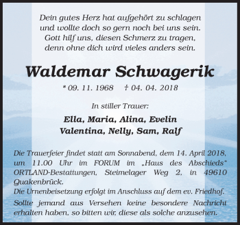 Traueranzeige von Waldemar Schwagerik von Neue Osnabrücker Zeitung GmbH & Co. KG