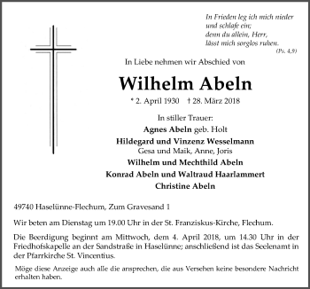 Traueranzeige von Wilhelm Abeln von Neue Osnabrücker Zeitung GmbH & Co. KG