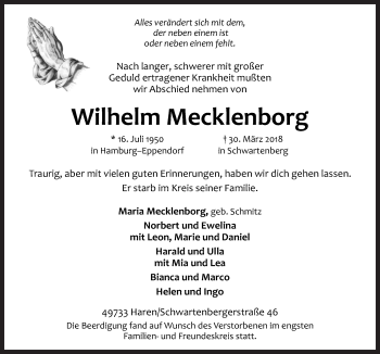 Traueranzeige von Wilhelm Mecklenborg von Neue Osnabrücker Zeitung GmbH & Co. KG