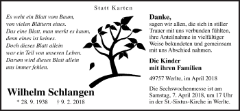 Traueranzeige von Wilhelm Schlangen von Neue Osnabrücker Zeitung GmbH & Co. KG