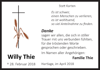 Traueranzeige von Willy Thie von Neue Osnabrücker Zeitung GmbH & Co. KG