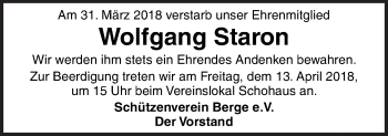 Traueranzeige von Wolfgang Staron von Neue Osnabrücker Zeitung GmbH & Co. KG