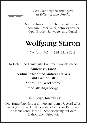 Traueranzeige von Wolfgang Staron von Neue Osnabrücker Zeitung GmbH & Co. KG