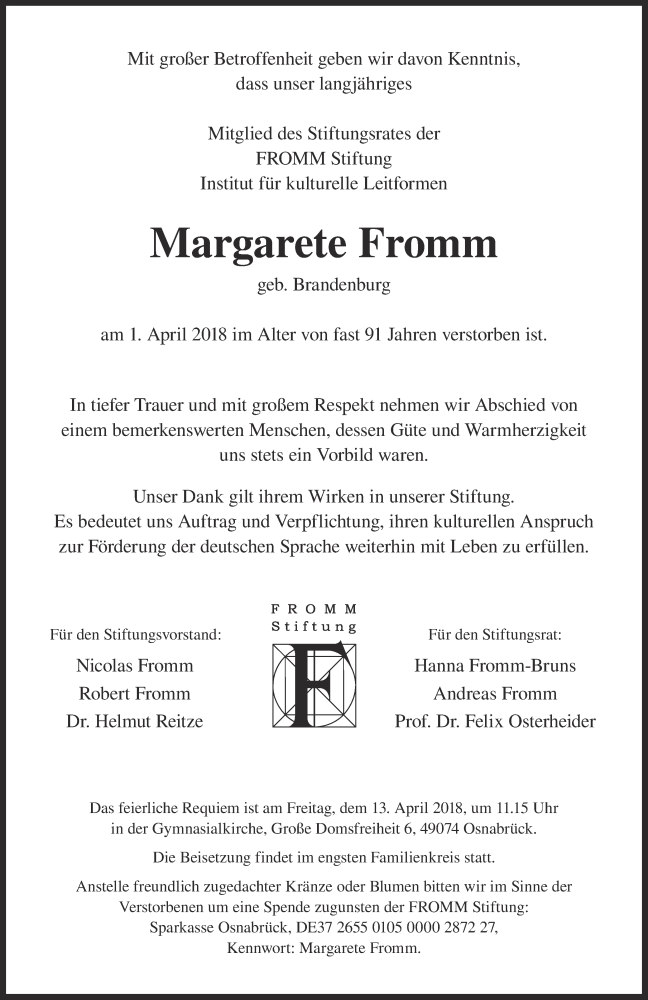  Traueranzeige für Margarete Fromm vom 07.04.2018 aus Neue Osnabrücker Zeitung