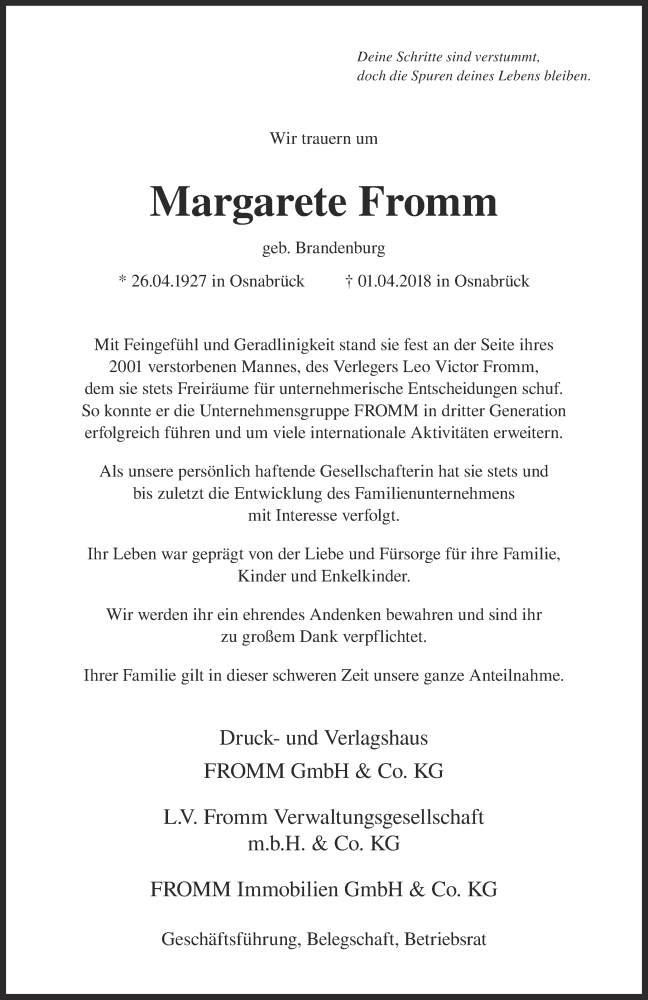  Traueranzeige für Margarete Fromm vom 07.04.2018 aus Neue Osnabrücker Zeitung