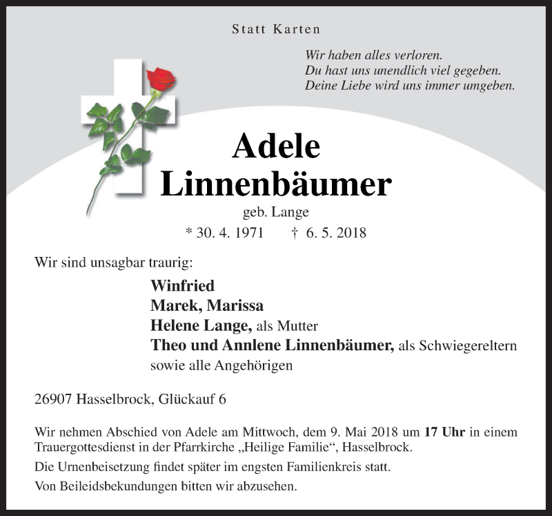  Traueranzeige für Adele Linnenbäumer vom 09.05.2018 aus Neue Osnabrücker Zeitung GmbH & Co. KG