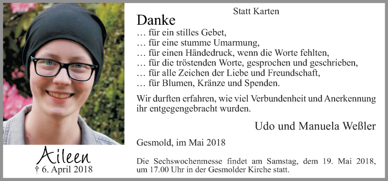  Traueranzeige für Aileen Weßler vom 18.05.2018 aus Neue Osnabrücker Zeitung GmbH & Co. KG