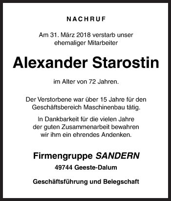 Traueranzeige von Alexander Starostin von Neue Osnabrücker Zeitung GmbH & Co. KG